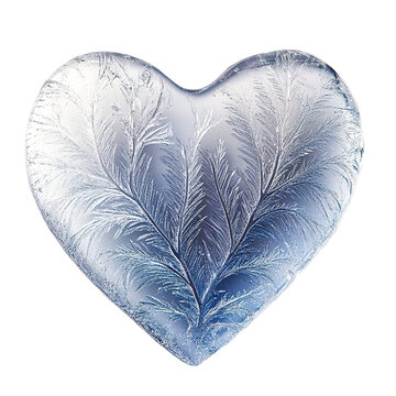 This image presents a frozen heart exhibiting intricate frost patterns, evoking winter or cold, conveying a sense of fragility.