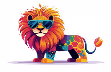 Fototapeta premium Cool Lion with Sunglasses Trendy Flat Vector Illustration