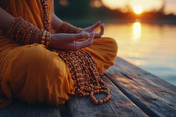 Meditating Woman on Wooden Dock with Bohemian Bracelets at Golden Hour