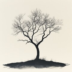 Isolated Leafless Birch Tree in Black and White High Contrast Illustration