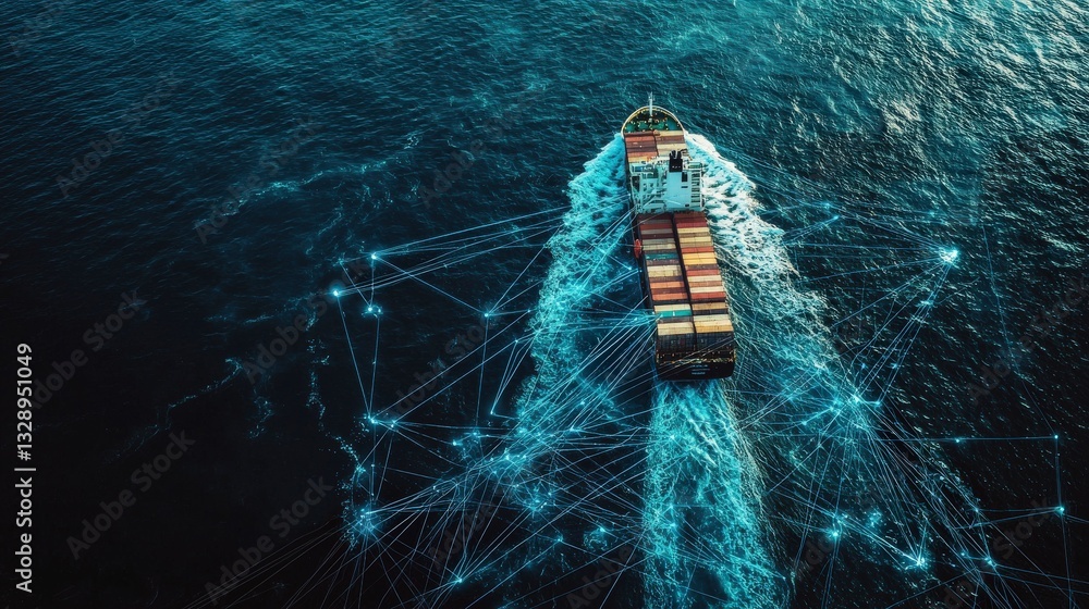 Poster container ship moving through an interconnected sea grid