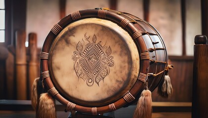 Naklejka premium An ancient ceremonial drum made from the hide of a sacred animal, stretched over a wooden frame, exuding spiritual power and cultural significance