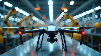 Advanced drone on a high-tech production line in a futuristic manufacturing facility