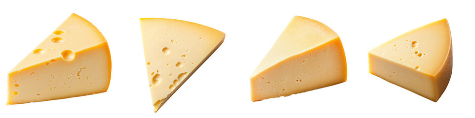 A selection of different cheese varieties including cheddar swiss parmesan and brie presented as wedges and slices against a plain background