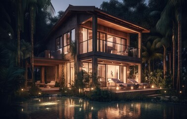 Obraz premium Modern Two-Story Luxury Tropical House with Warm Evening Lights and Detailed Textures