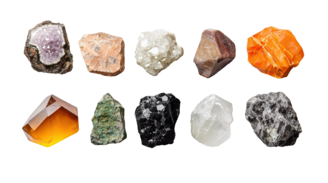 Various Natural Stones and Crystals on White Background