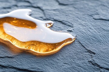 Glossy amber texture resembles thick honey on a dark slate surface. Soft highlights catch the light, enhancing contrast and creating a luxurious backdrop for branding