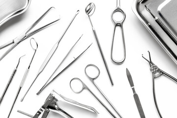 Surgical scissors and forceps. Medical metal hand tools and equipment on white, top view