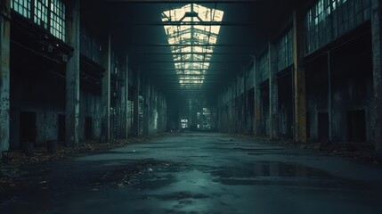 Dark, abandoned factory interior, long perspective. Ideal for depicting themes of decay, mystery, or post-apocalyptic settings.