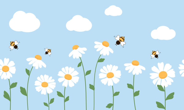 Fototapeta Seamless pattern with daisy flower, bee cartoons and white cloud on blue sky background vector.