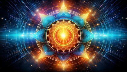 Obraz premium An AI-driven chakra visualization, with dynamic energy waves flowing through a high-tech digital interface, blending technology and spiritual energy