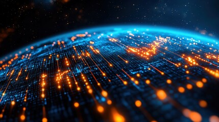 Obraz premium A visually stunning depiction of a digital globe, illuminated with blue and orange lights, symbolizing connectivity and data across the earth.