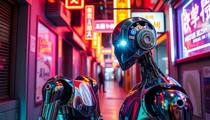 Cyberpunk Robots in Neon Alley: A Futuristic Digital Painting