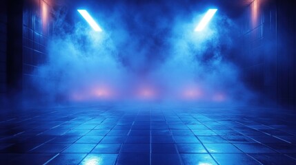Obraz premium Foggy Cyberpunk Street with Blue Spotlight Beams and Glossy Tiled Floor