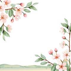 Fototapeta premium Elegant Watercolor Floral Frame with Pink Blossoms and Green Leaves