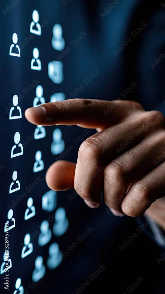 Poster business professional interacting with glowing crm interface, selecting user profile