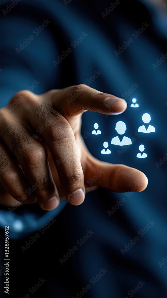Poster business professional interacting with glowing crm interface, selecting user icons