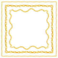 Square watercolor frame of golden chains. Luxury metallic shiny accessory isolated on background. Clipart for luxury baroque design. Round ring chain in vintage style.