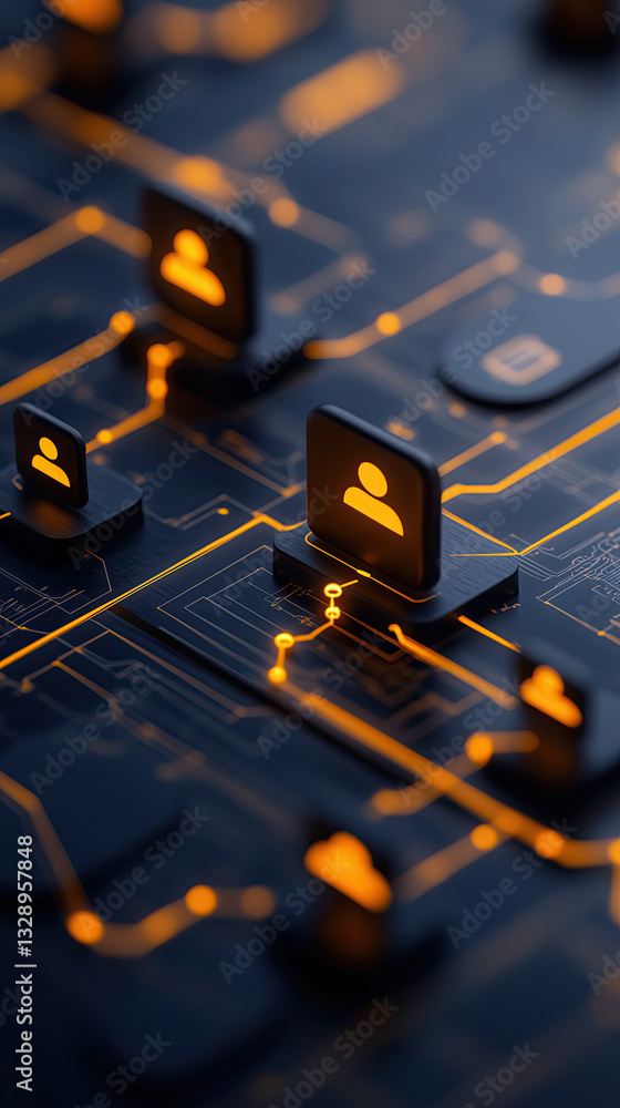 Poster cloud based crm system with glowing connections on digital circuit board