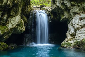 Naklejka premium waterfall in a limestone cave, Japan, with blue water and green mossy rocks.
