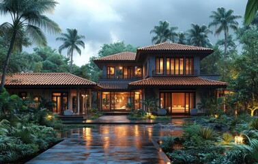Obraz premium Luxury Modern House with Traditional Tiled Roof Surrounded by Tropical Landscape