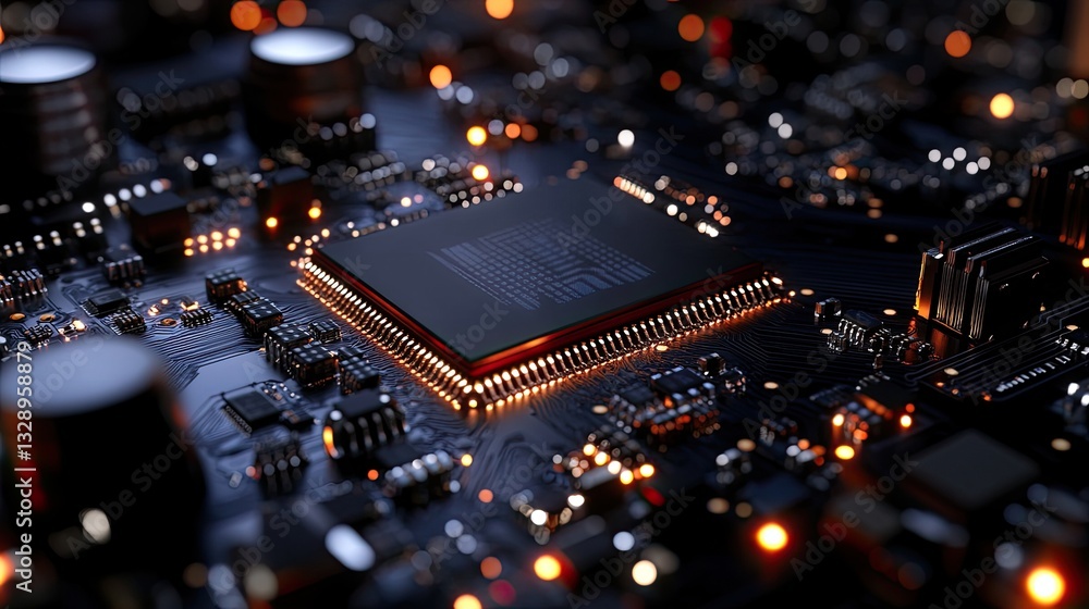 Poster close-up of computer processor on circuit board with led lights