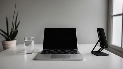 Fototapeta premium Minimalist workspace with laptop, glass of water, and smartphone stand on white table in bright room