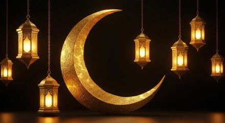 Golden crescent moon with hanging lanterns.