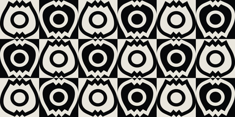 Seamless mid-century flower pattern in black and white. Graphical illustration for a unique wall decor, textiles and interior design.
