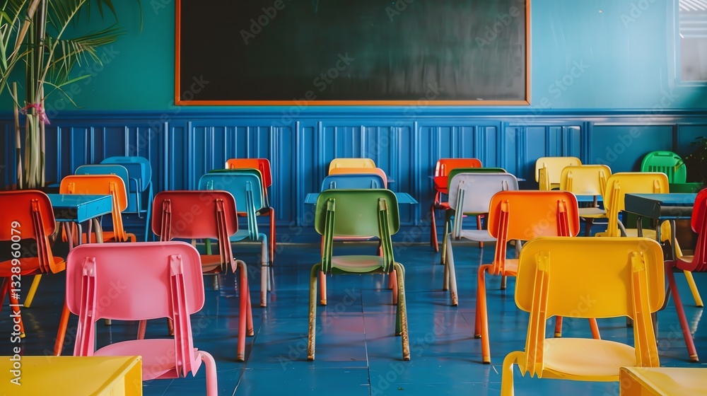 Poster an empty classroom with colorful chairs and a chalkboard.