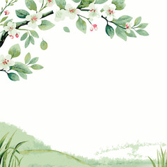 Fototapeta premium Watercolor Painting of a Spring Blossoming Branch Over a Gentle Green Hill