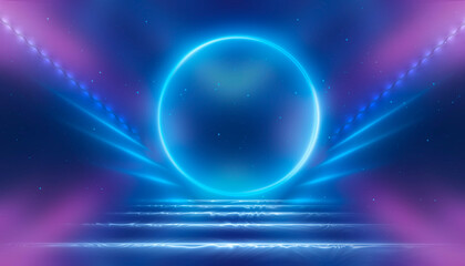 Empty background scene. Dark street reflection on the wet pavement. Rays of blue neon light in the dark, neon figures, smoke. Night view of the street, the city. Abstract dark background.