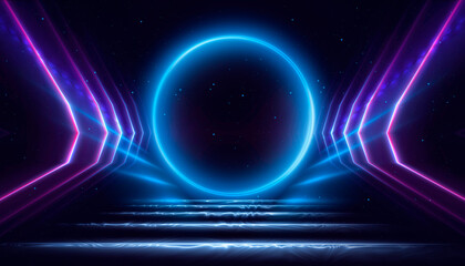 Empty background scene. Dark street reflection on the wet pavement. Rays of blue neon light in the dark, neon figures, smoke. Night view of the street, the city. Abstract dark background.