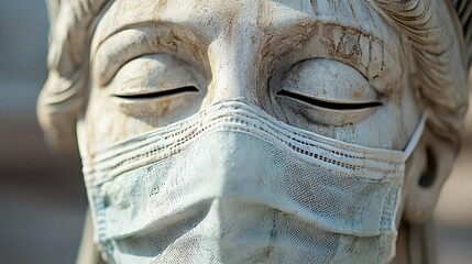 Fototapeta premium Weathered Stone Statue Wearing a Medical Mask