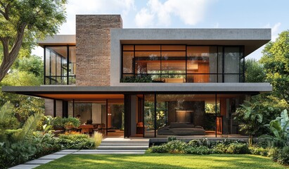 Fototapeta premium Modern Minimalist Two-Story House with Large Windows and Garden