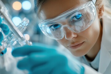 In a futuristic laboratory, a skilled engineer wearing safety goggles and gloves fine-tunes a robotic arm