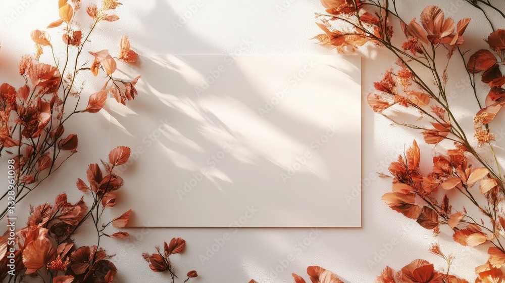 Poster a blank canvas surrounded by vibrant autumn leaves casts soft shadows, creating a serene and artisti