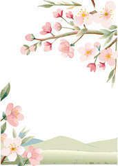 Fototapeta premium Beautiful watercolor painting of delicate pink cherry blossoms and a serene landscape