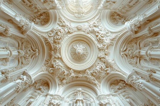 Baroque Ornate Ceiling Design with Intricate Floral Patterns in White and Gold Hues - Powered by Adobe