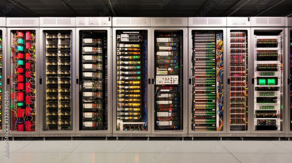 Poster high-tech data center with network servers and colorful wiring