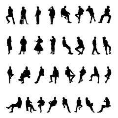 Set of 32 silhouettes of people in various poses – PNG Set