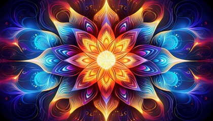Abstract fractal light patterns forming a sacred chakra alignment, vibrant and mesmerizing, representing spiritual energy and balance