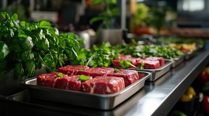 Fresh Raw Beef Cuts Prepared for Cooking with Herb Garnish