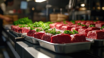 Fresh Cuts of Beef with Green Herbs Ready for Culinary Preparation