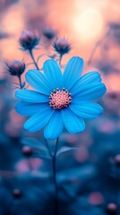 Blue flower blooms at dusk in soft-focus meadow
