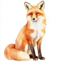 Obraz premium Watercolor Orange Fox Sitting on White Background