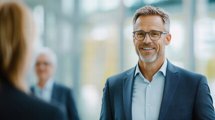 Fototapeta premium Businessman smiling while engaging with colleague in modern office