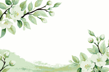 Obraz premium Elegant Watercolor Painting of White Blossoms and Green Leaves on a White Background