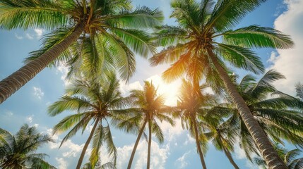 Lush Tropical Palm Trees Under Bright Sunny Sky with Fluffy Clouds