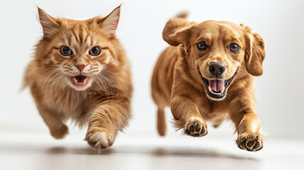 A playful cat and a cheerful dog are running together in a bright indoor area, showcasing their friendship and energy as they enjoy each other's company